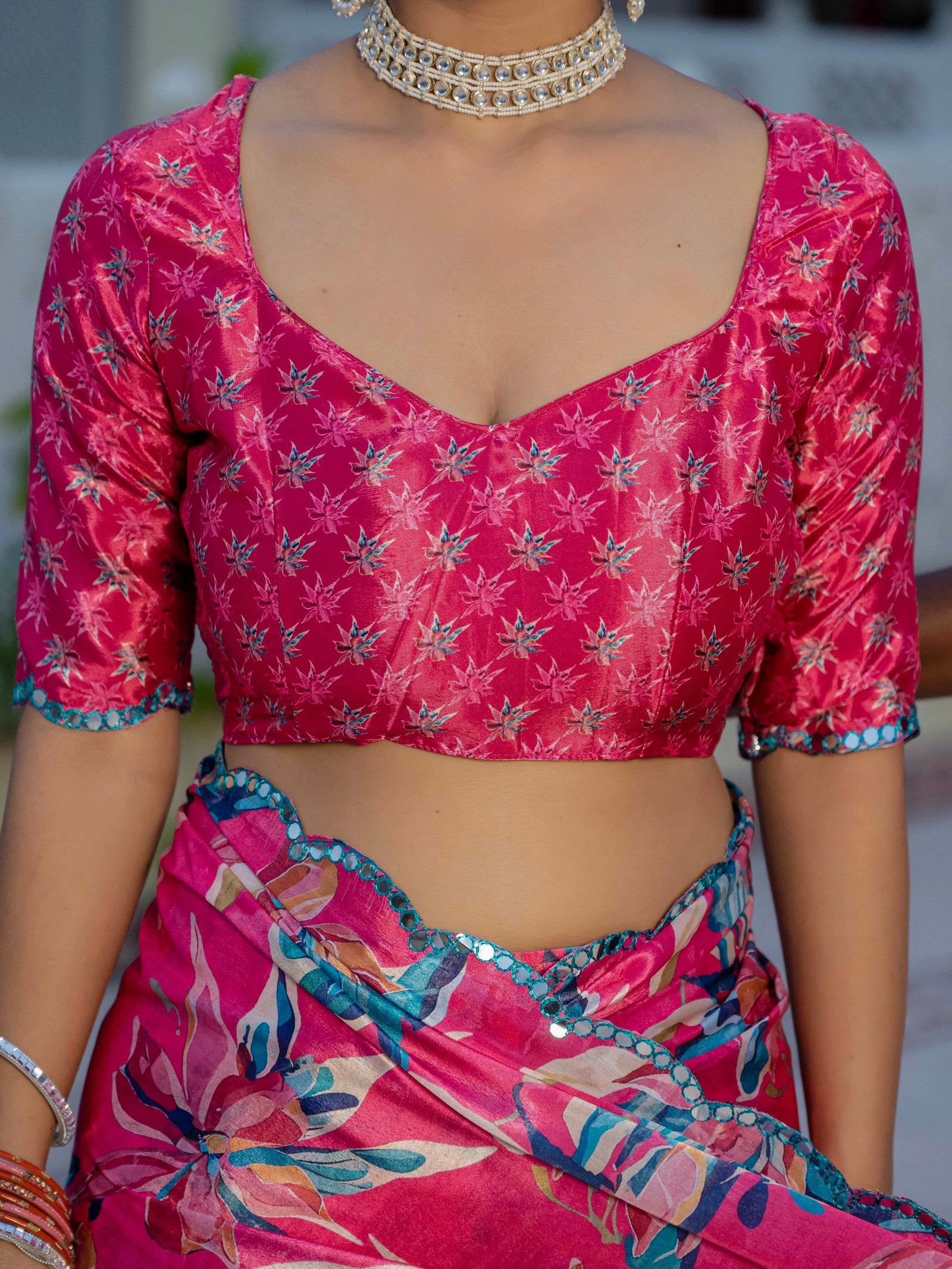 Rani Pink Floral Chinnon Ready-to-Wear Saree with Mirror Lace