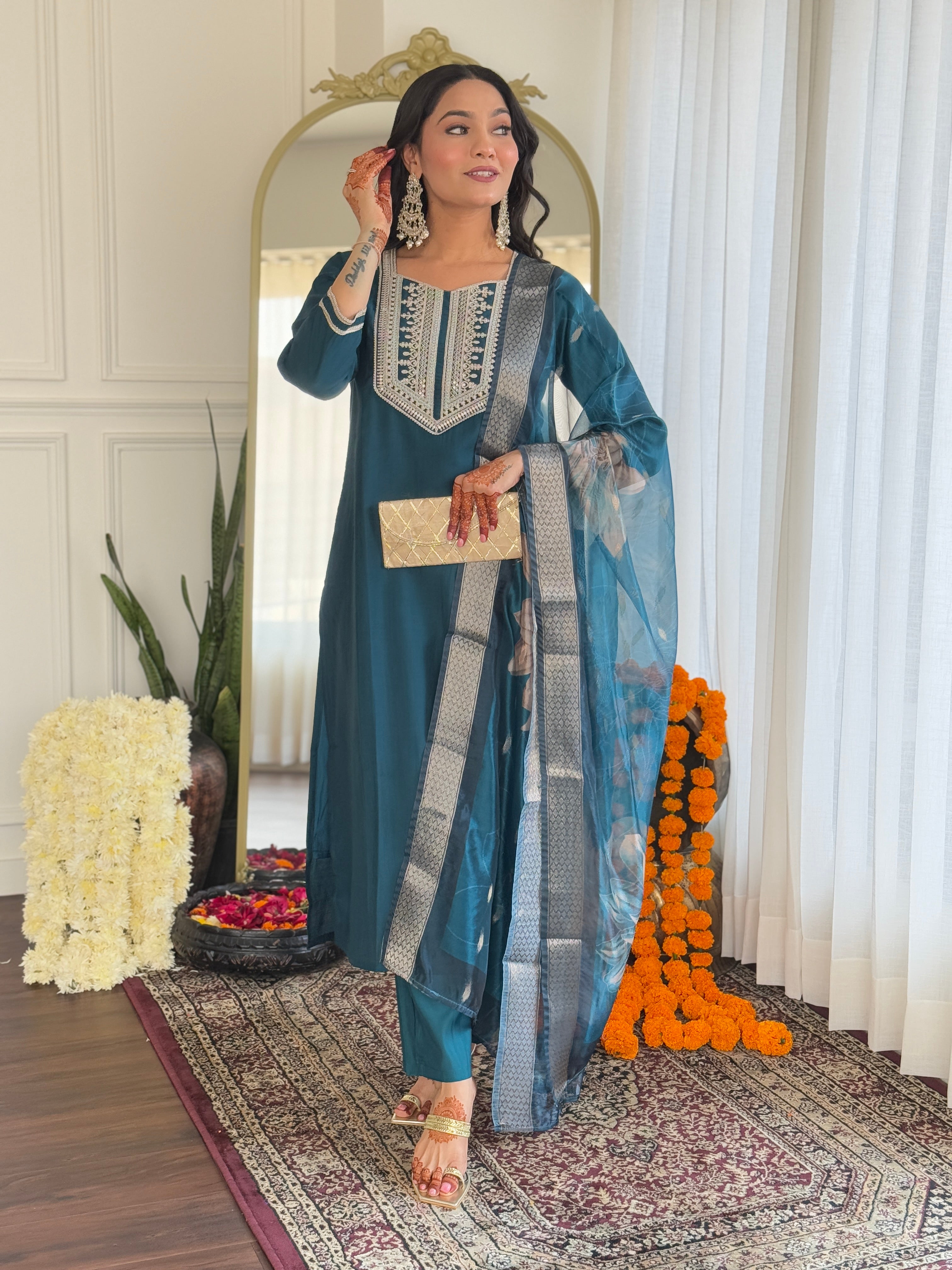 Dark Teal Thread Bsy Viscose Kurta Set with Dupatta Square Neck