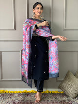 Black Thread Rayon Slub Kurta Set with Dupatta