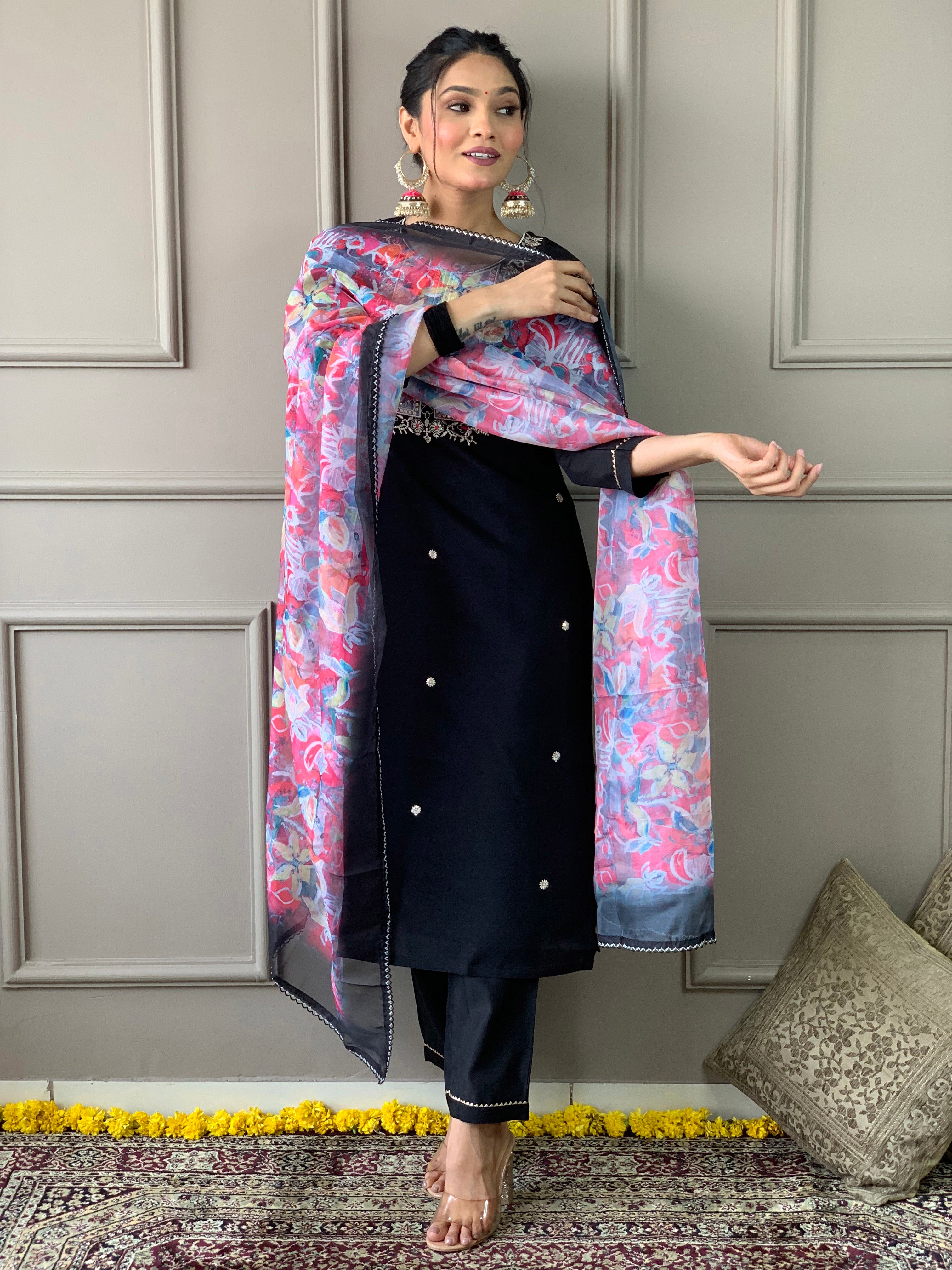 Black Thread Rayon Slub Kurta Set with Dupatta