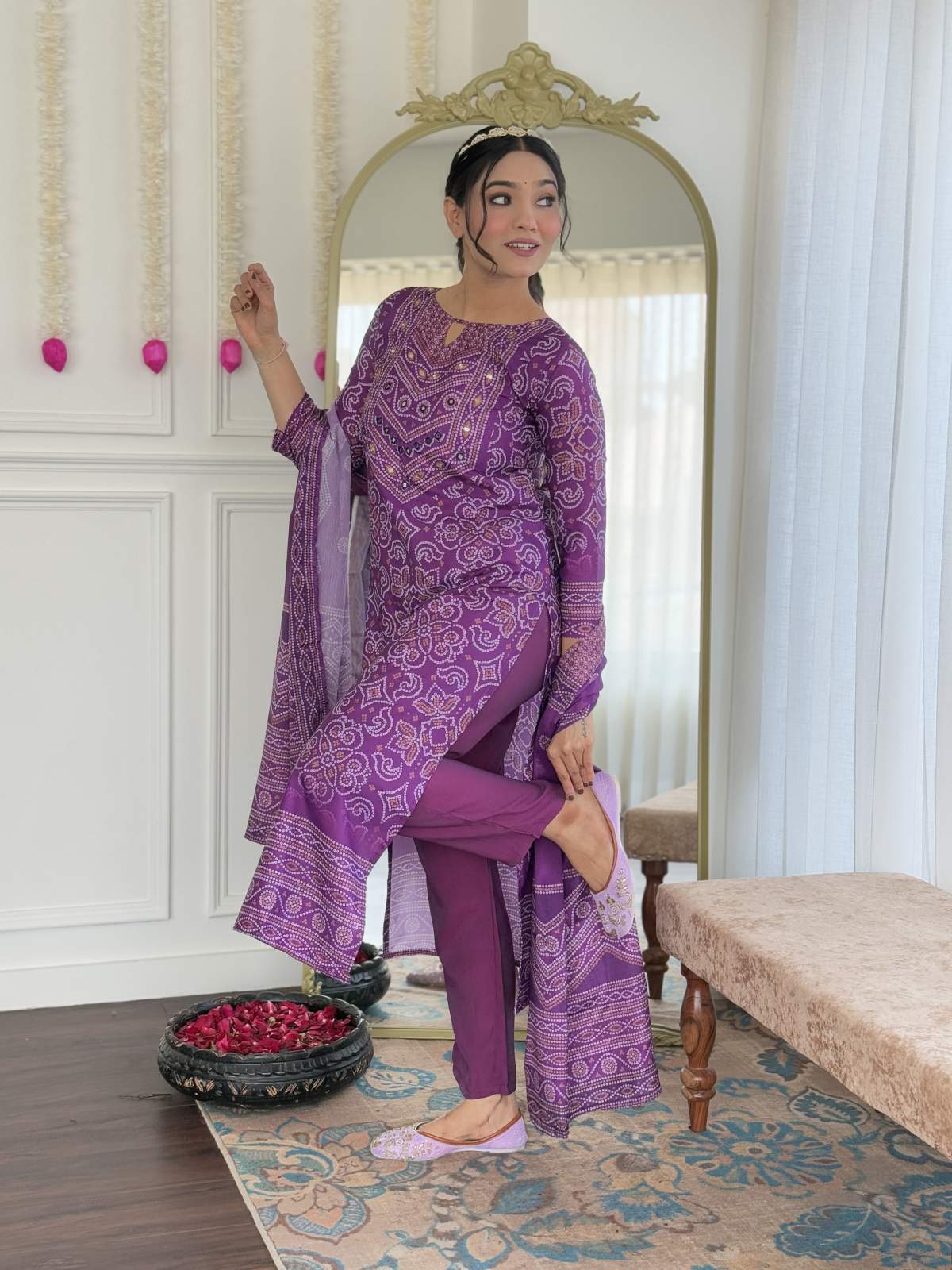 Hand Mirrored Franch Crepe Kurta Set