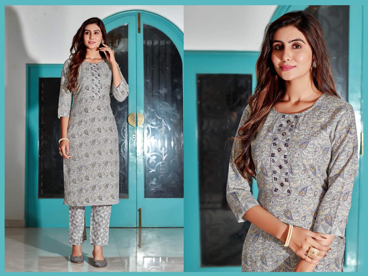 Grey Digital Print With Hand Work Cotton Blend Kurta Set