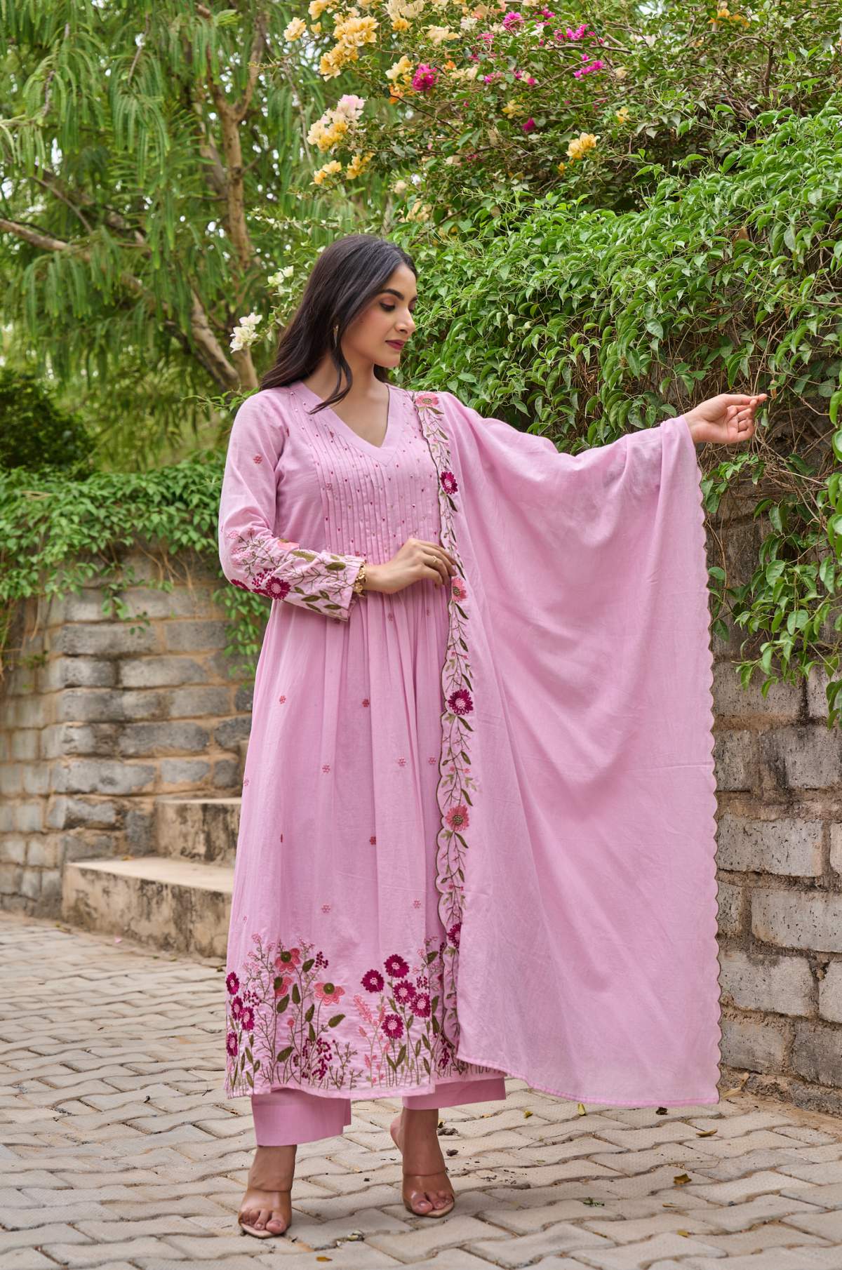 Pink Embroidared + Hand Work Chanderi Silk Kurta Set