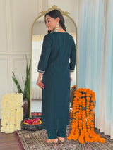 Dark Teal Thread Bsy Viscose Kurta Set with Dupatta Square Neck