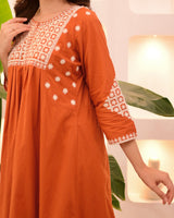 Rust Orange Thread Viscose Rayon Kurta Set with Dupatta
