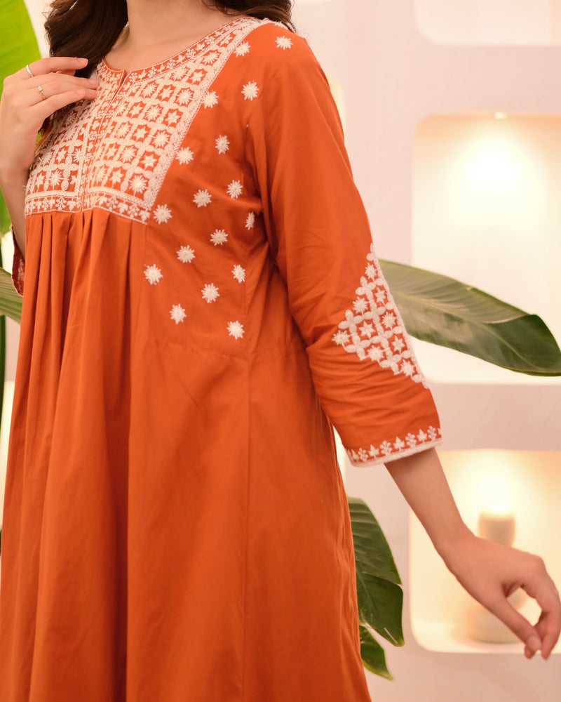 Rust Orange Thread Viscose Rayon Kurta Set with Dupatta