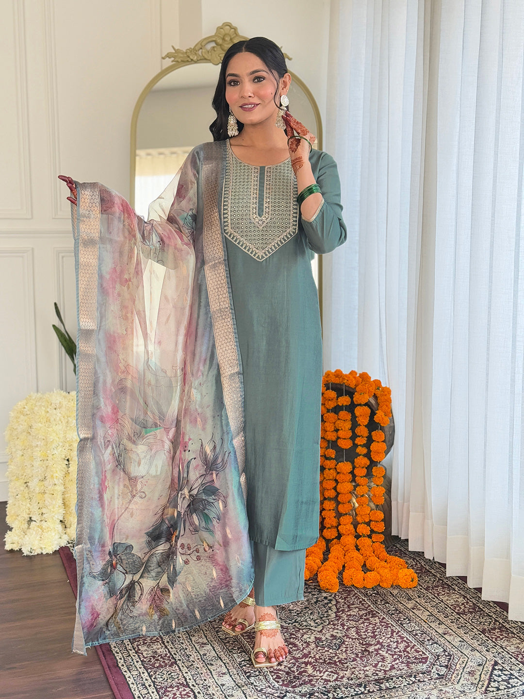 Dusty Teal Thread Bsy Viscose Kurta Set with Dupatta