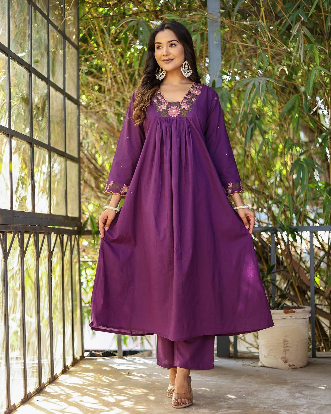 Orange Embroidared Soft Rayon Slub Kurta Set