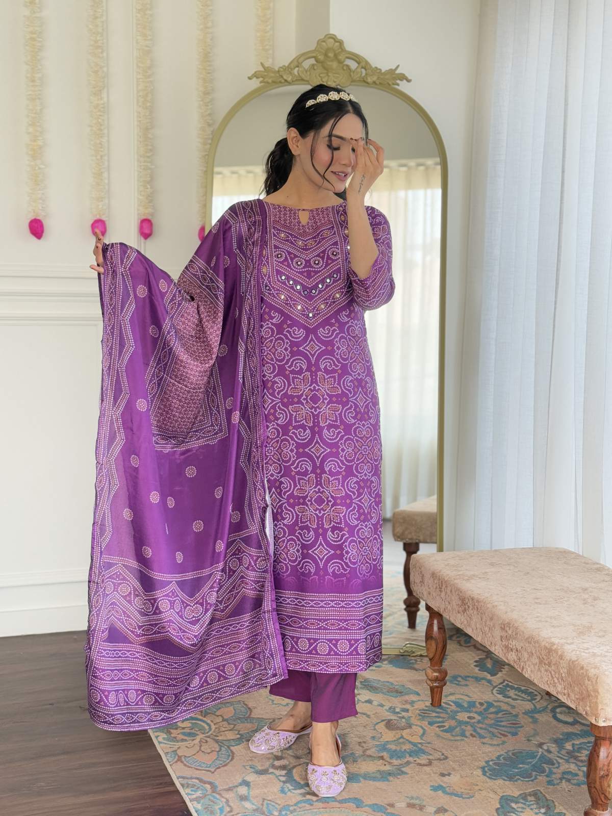 Hand Mirrored Franch Crepe Kurta Set