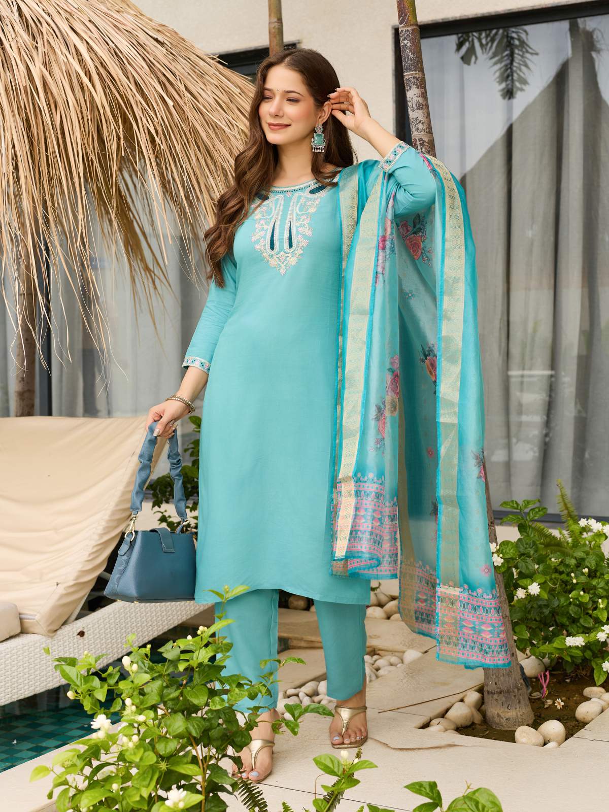 Aqua Blue Thread Viscose Kurta Set with Dupatta