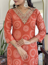Orange Embroidery Rayon Kurta Set