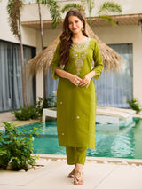 Green Embroidared Viscose Kurta Set