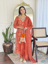 Orange Embroidery Rayon Kurta Set