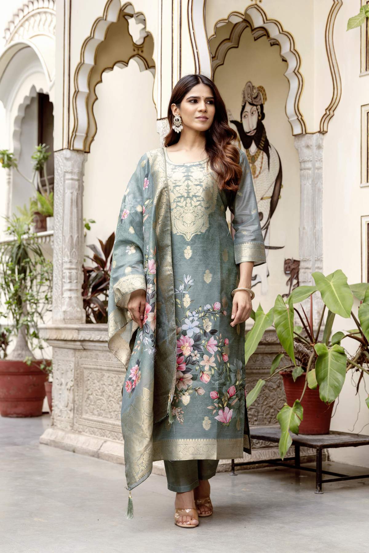 Grey Printed Woven Design Chanderi Cotton Kurta Set