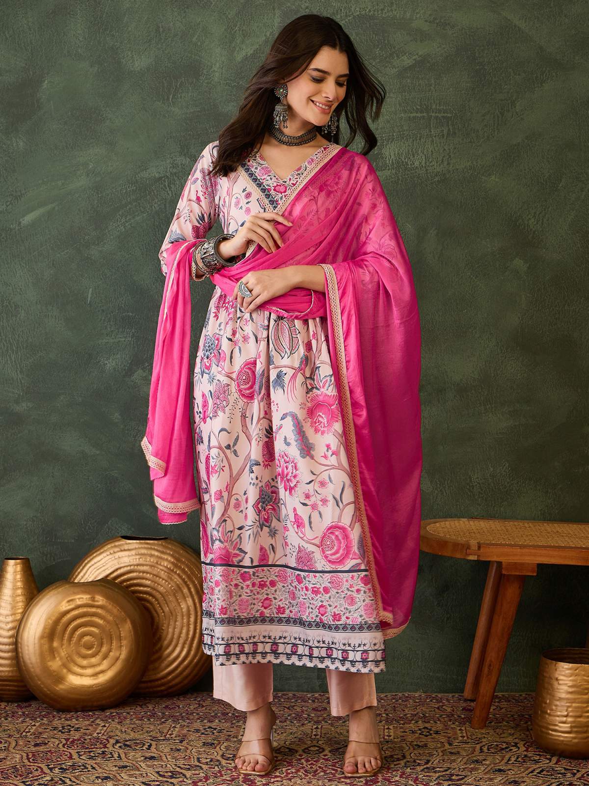 Cream Embroidared Rayon Kurta Set
