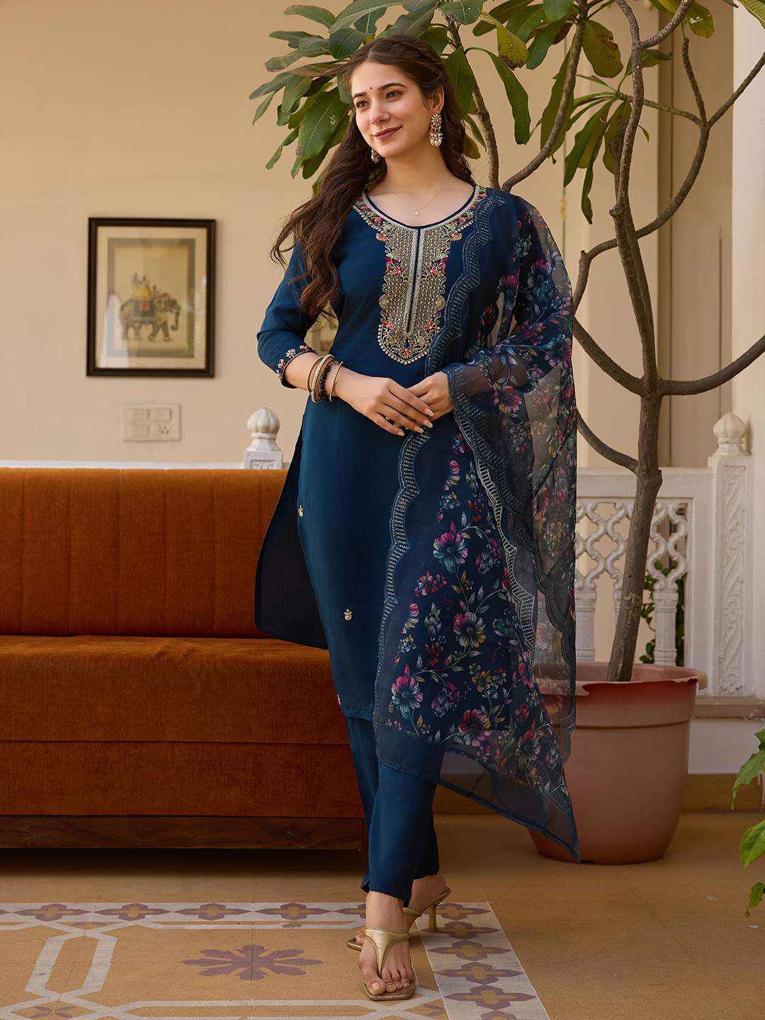 Embroidared Beads Viscose Chanderi Kurta Set
