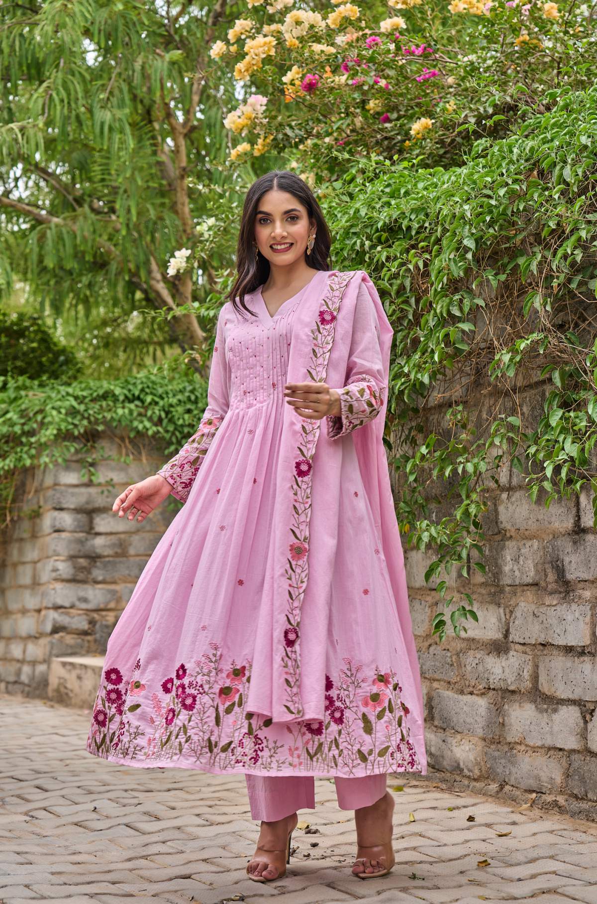 Pink Embroidared + Hand Work Chanderi Silk Kurta Set