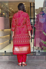 Navy Hand Printed With Embroidery Viscose Silk Kurta Set