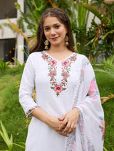 White Thread Embroidery Viscose With Cotton Lining Kurta Set with Dupatta