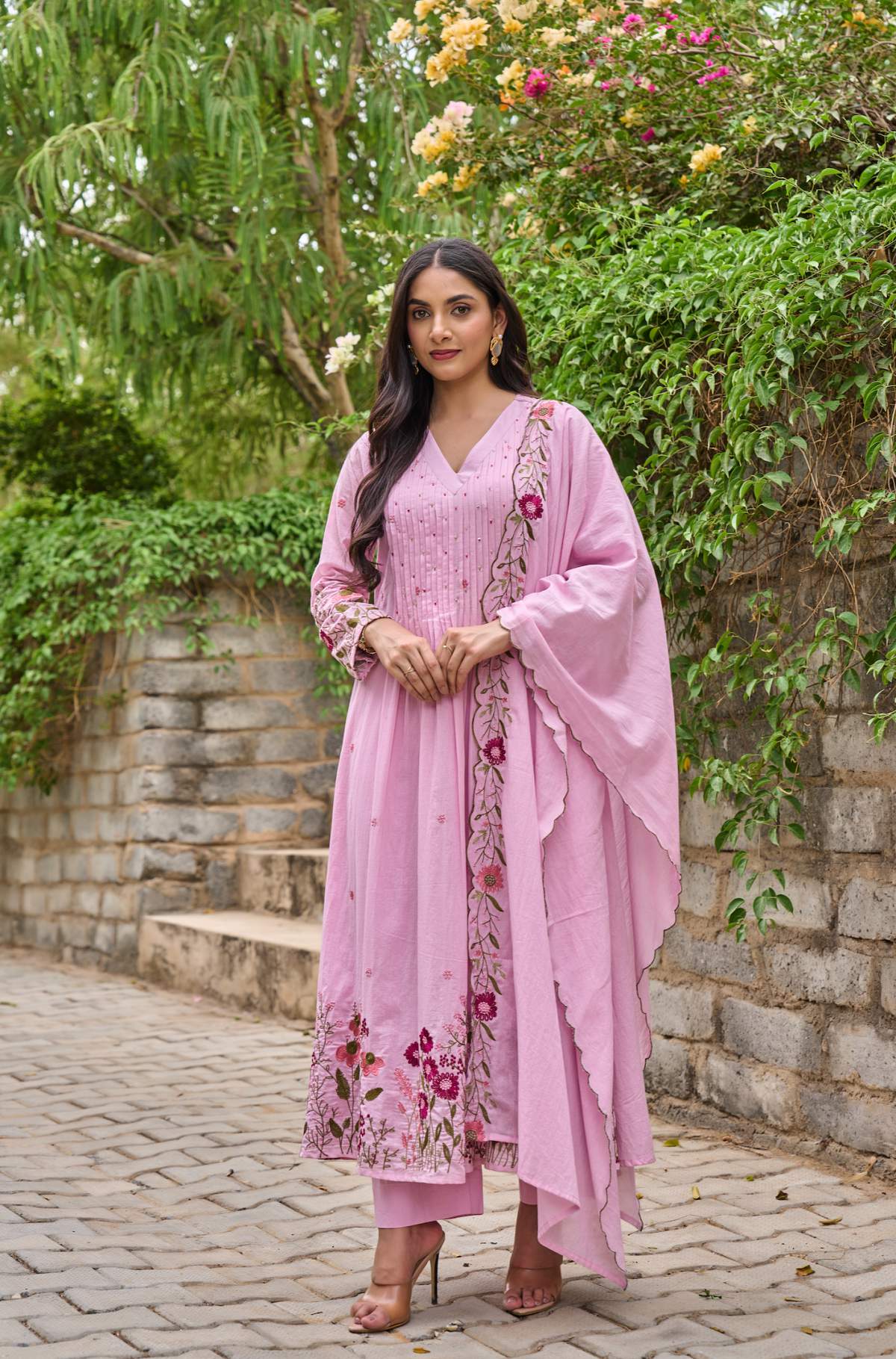 Pink Embroidared + Hand Work Chanderi Silk Kurta Set