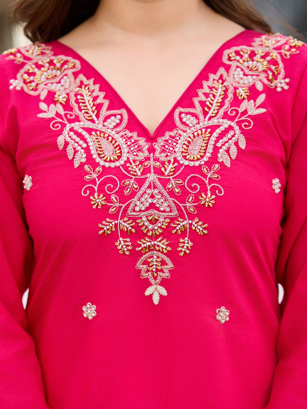 Pink Embroidared Beads Roman Silk With Cotton Lining Kurta Set