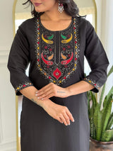 Black Embroidery Roman Silk Kurta Set