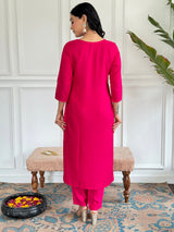 Hot Pink Thread Viscose Kurta Set with Dupatta
