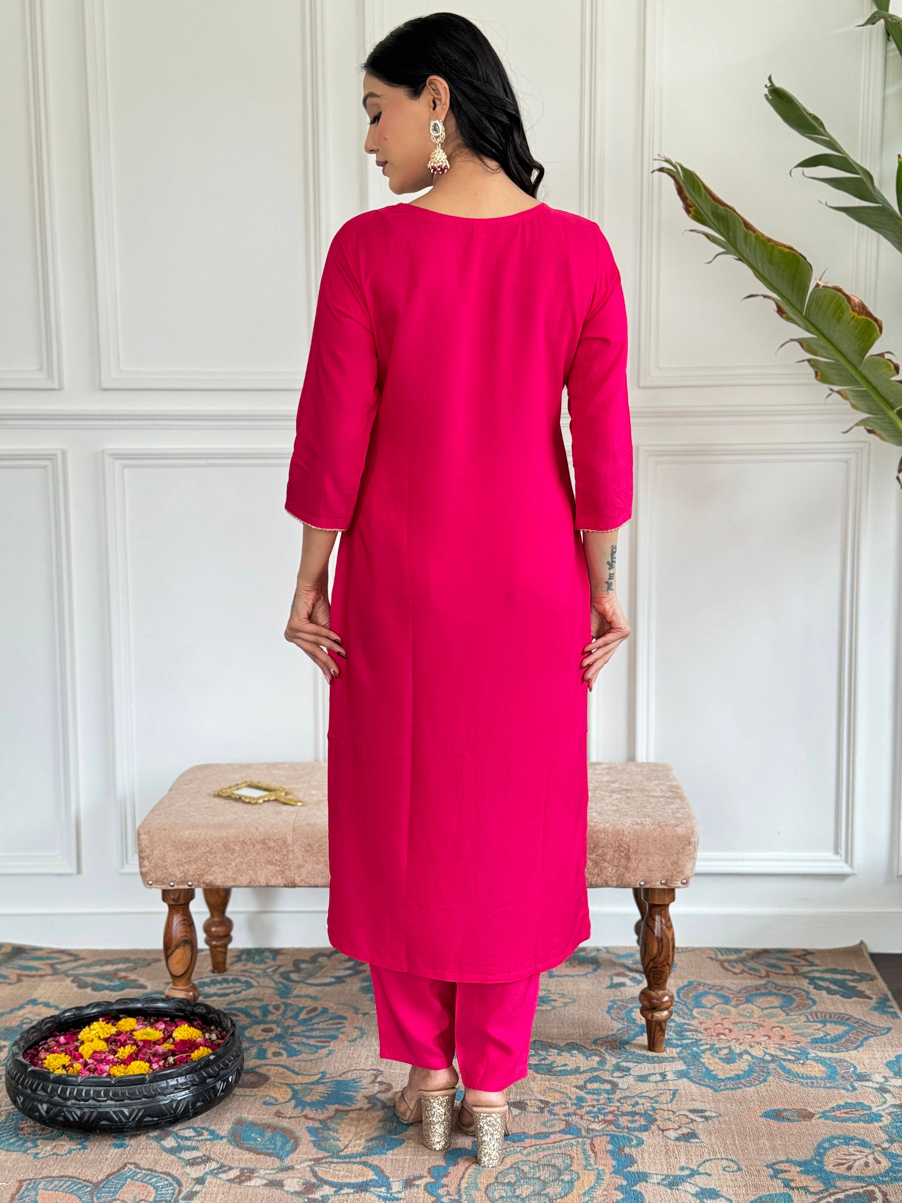 Hot Pink Thread Viscose Kurta Set with Dupatta