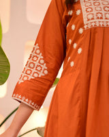 Rust Orange Thread Viscose Rayon Kurta Set with Dupatta