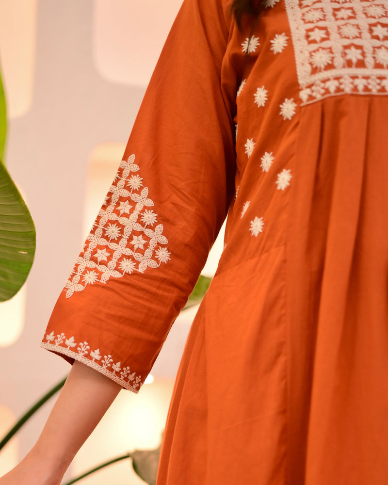 Rust Orange Thread Viscose Rayon Kurta Set with Dupatta