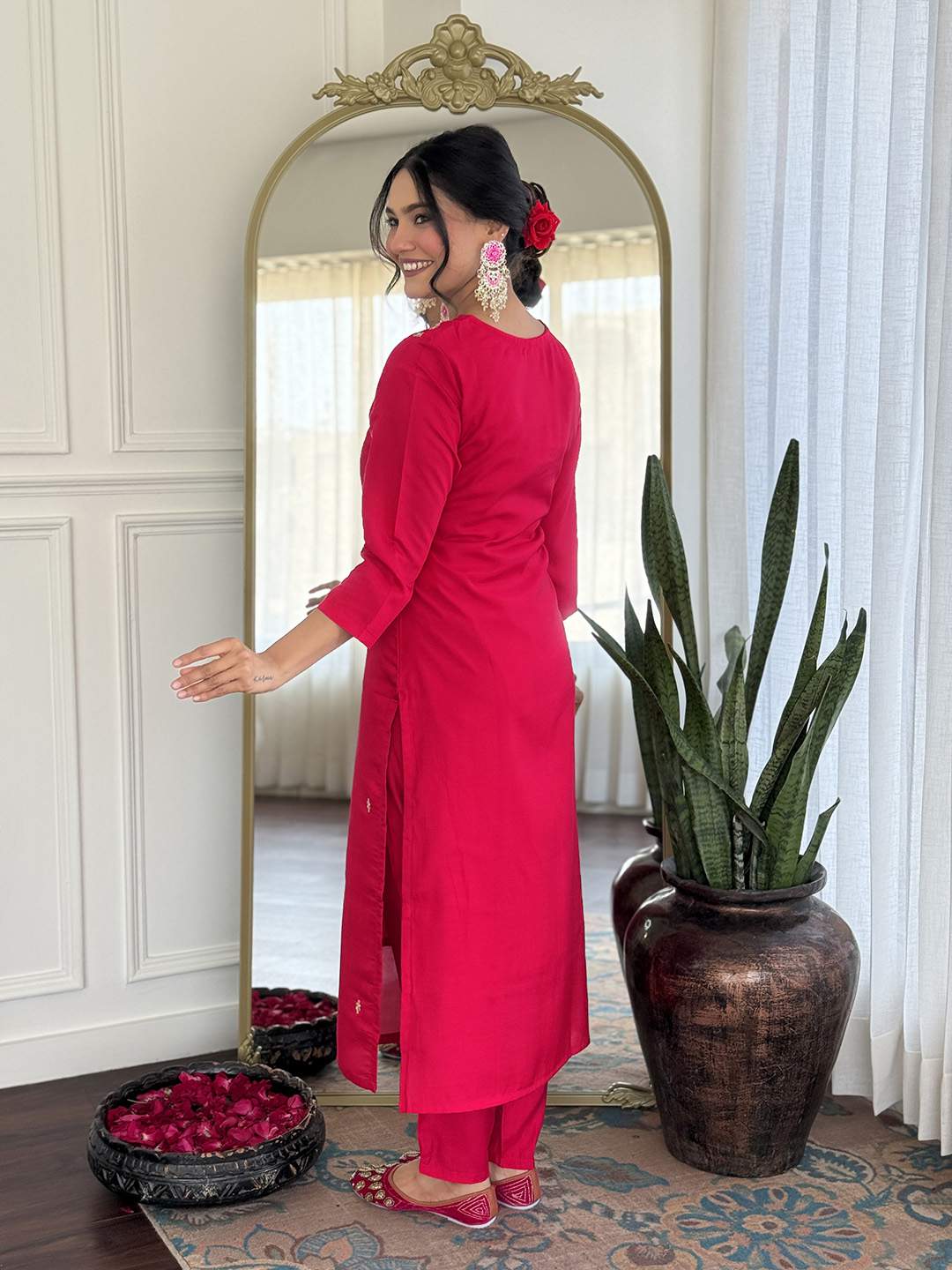Pink Embroidery Roman Silk Kurta Set