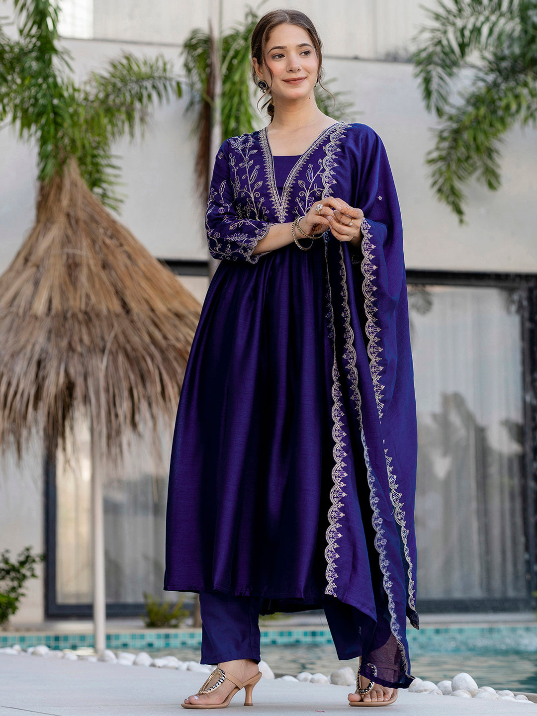 Blue Embroidery Vichitra Silk Kurta Set