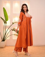 Rust Orange Thread Viscose Rayon Kurta Set with Dupatta