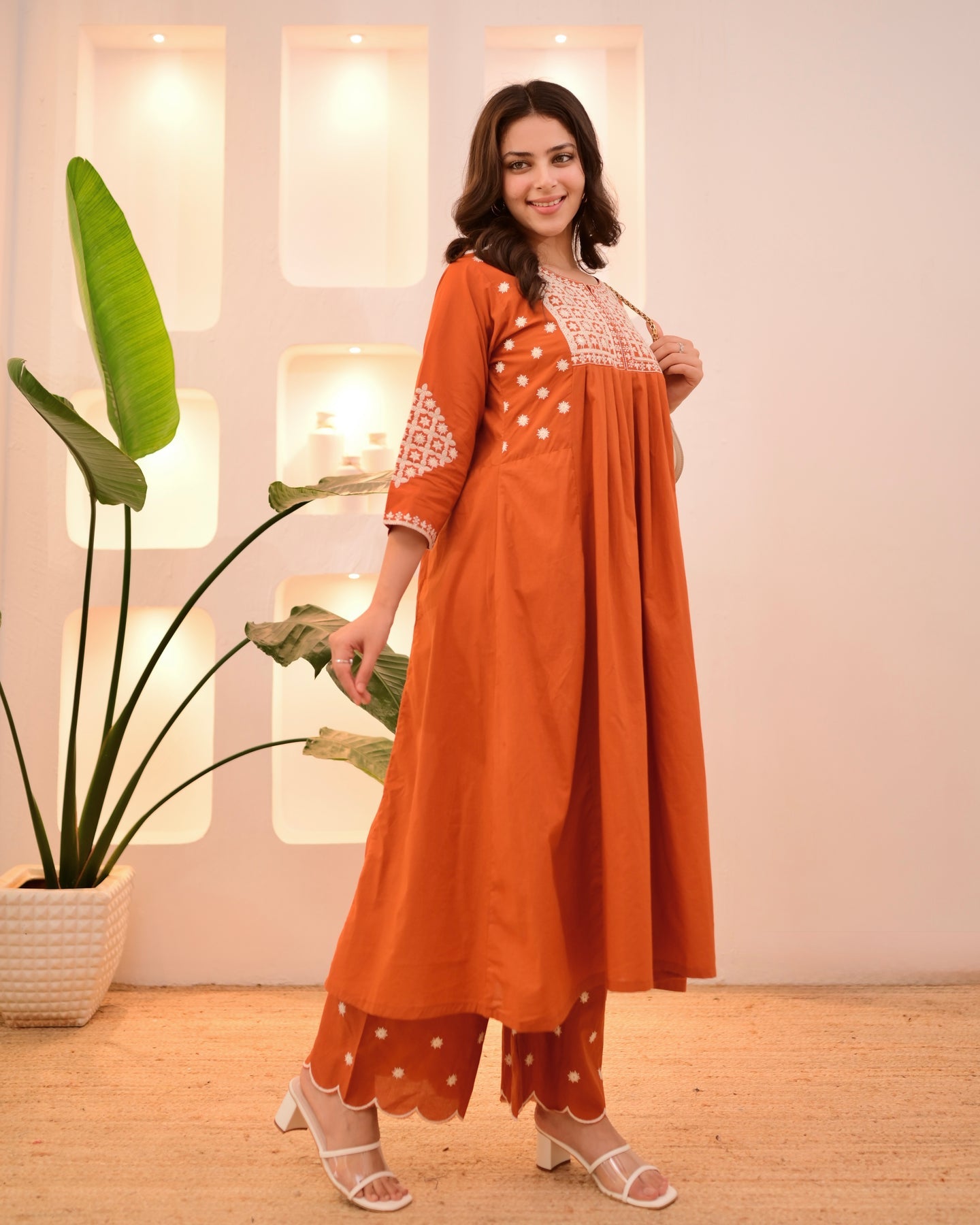 Rust Orange Thread Viscose Rayon Kurta Set with Dupatta