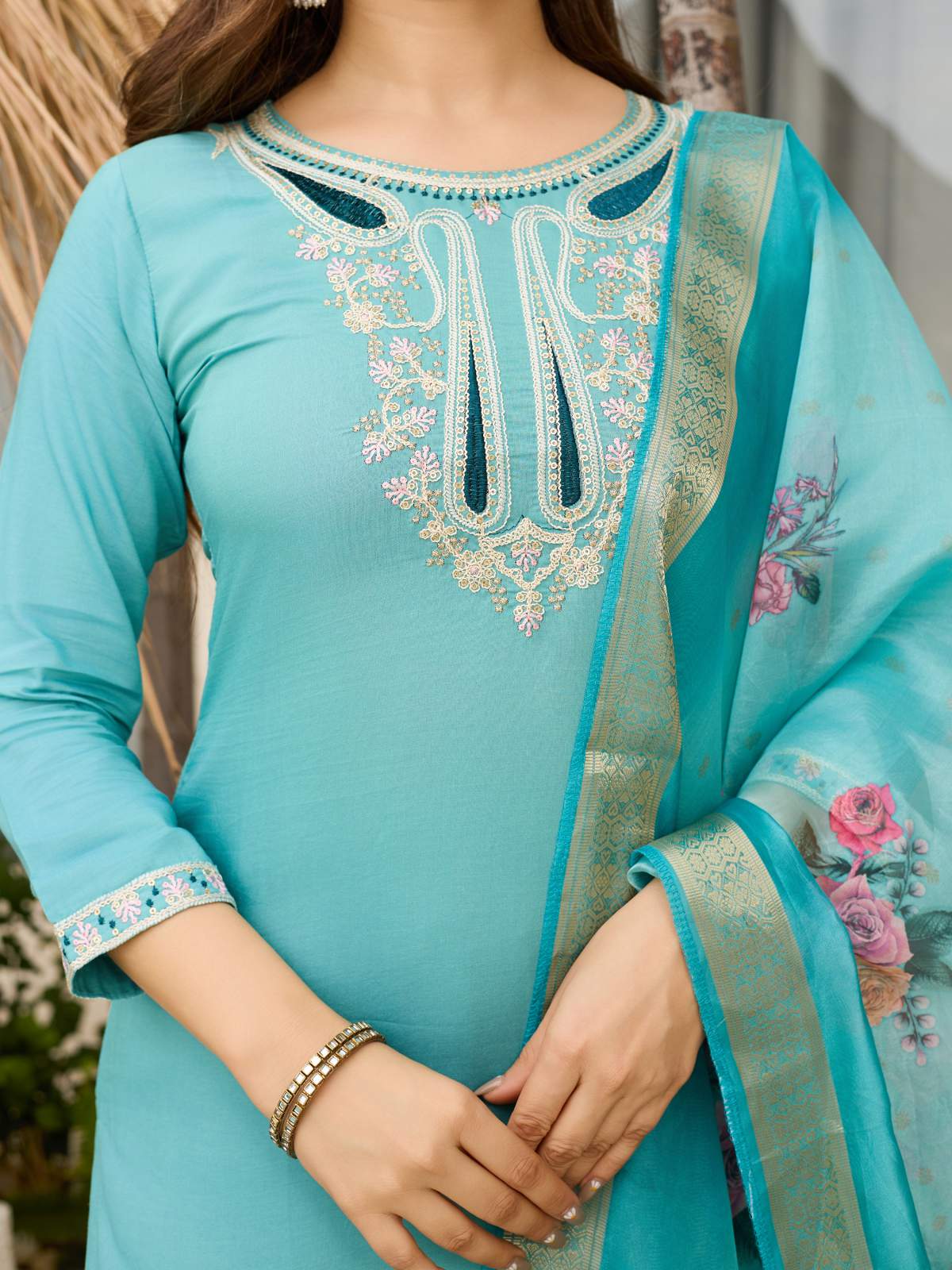 Aqua Blue Thread Viscose Kurta Set with Dupatta