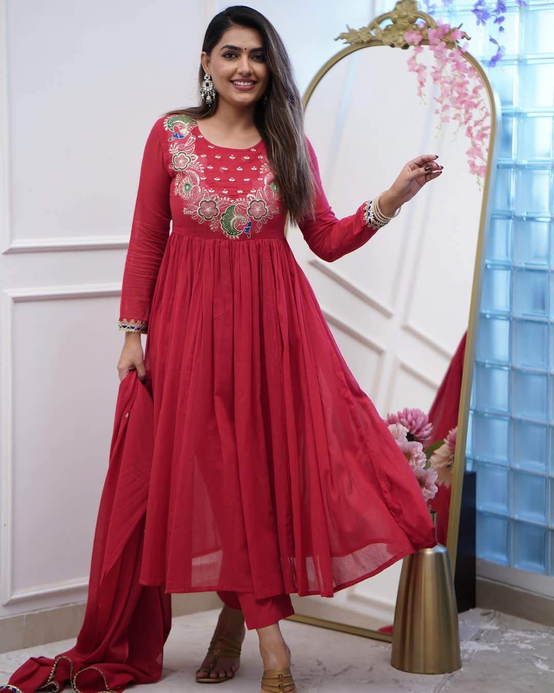 Maroon Embroidery Bsy Chinon Kurta Set