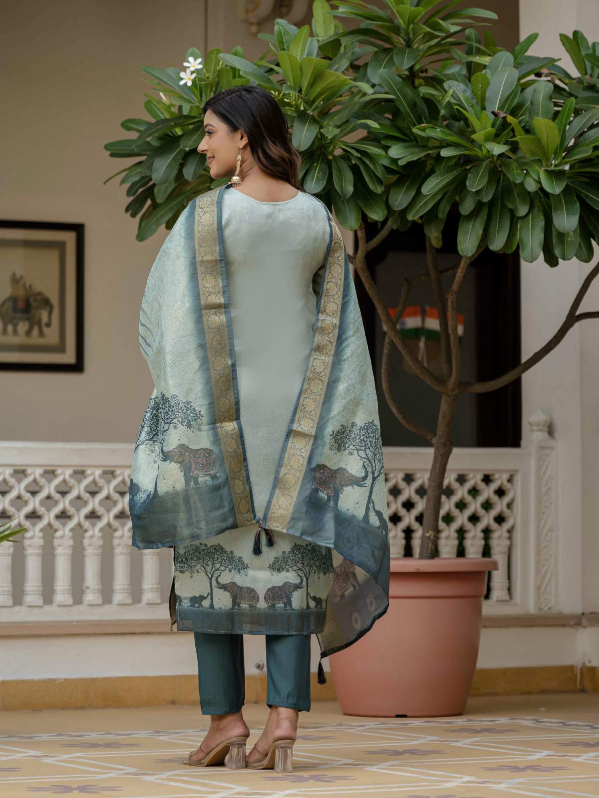 Blue Printed Jacquard Silk With Cotton Lining Kurta Set