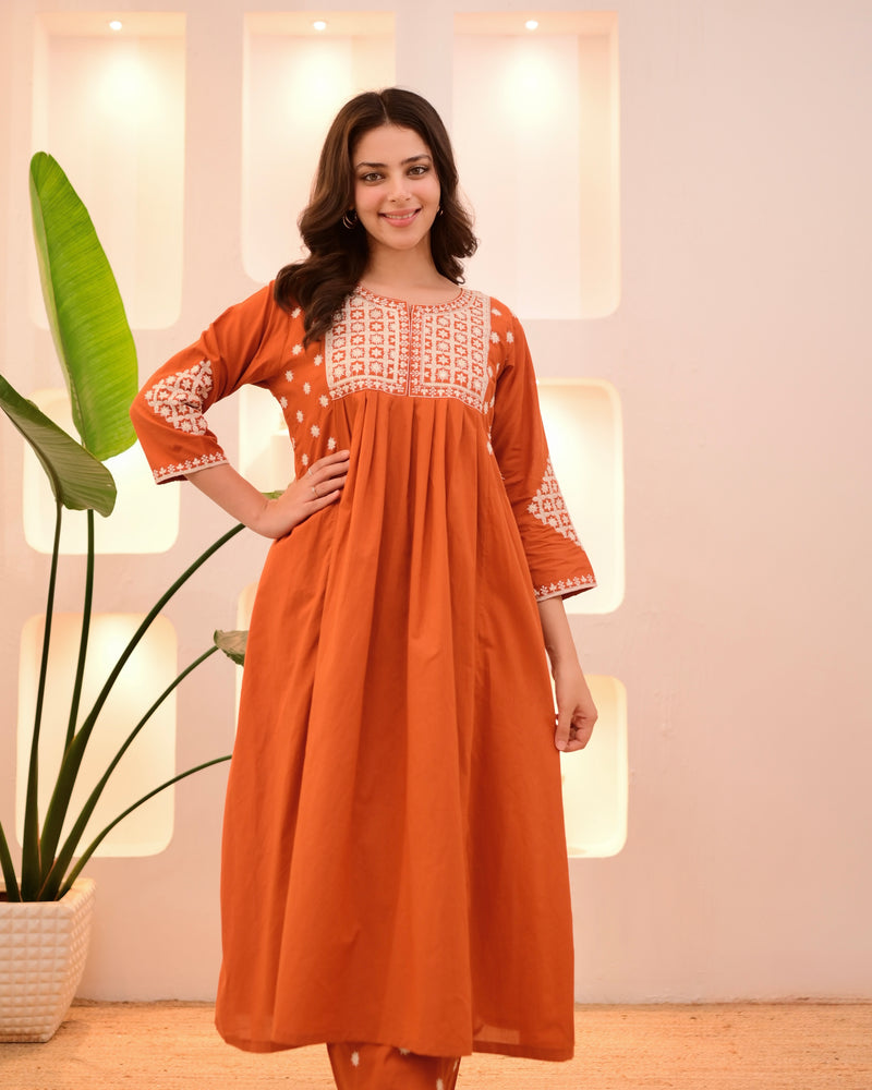 Rust Orange Thread Viscose Rayon Kurta Set with Dupatta