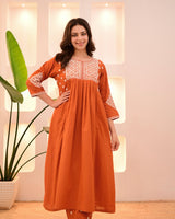 Rust Orange Thread Viscose Rayon Kurta Set with Dupatta