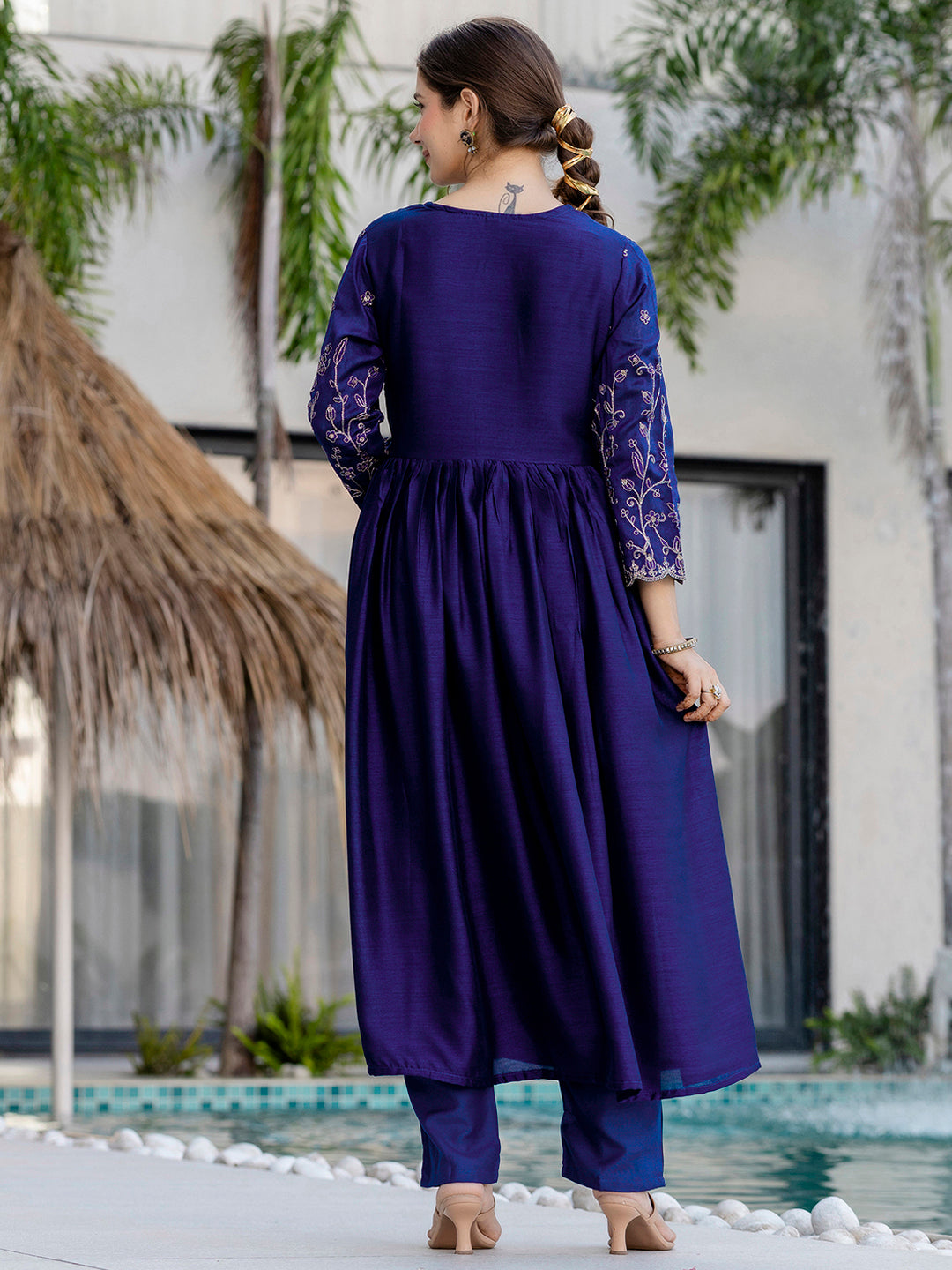 Blue Embroidery Vichitra Silk Kurta Set