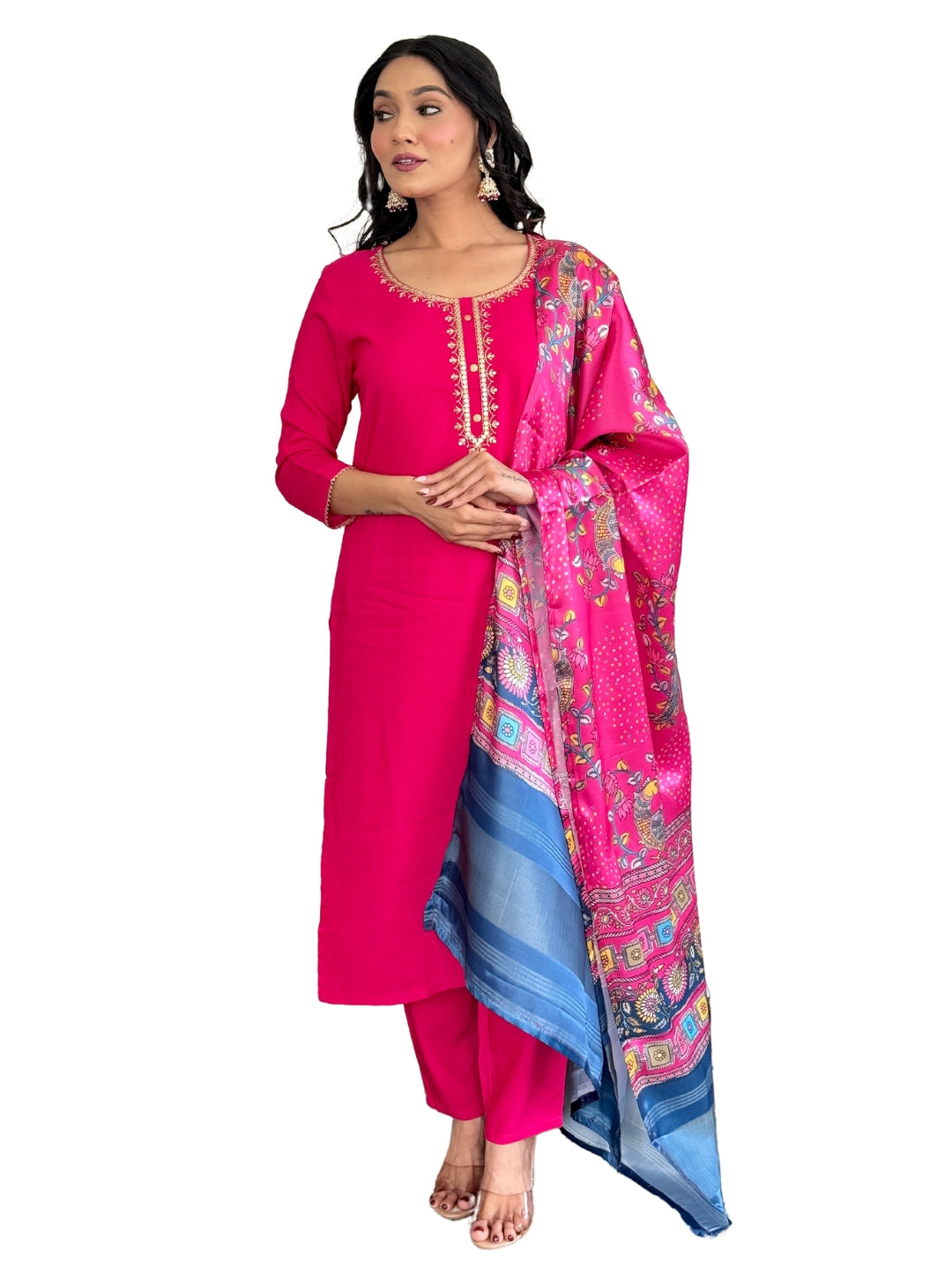 Hot Pink Thread Viscose Kurta Set with Dupatta