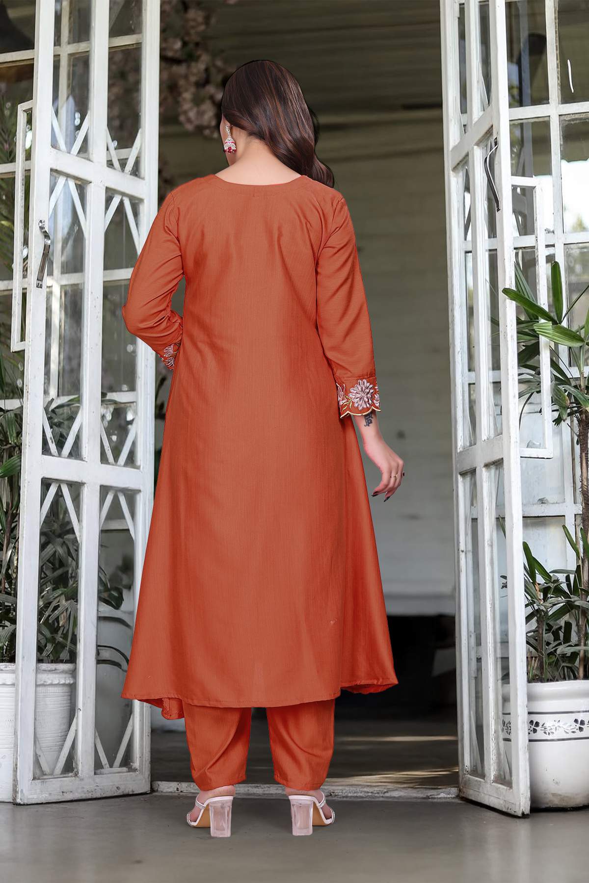 Orange Embroidared Soft Rayon Slub Kurta Set