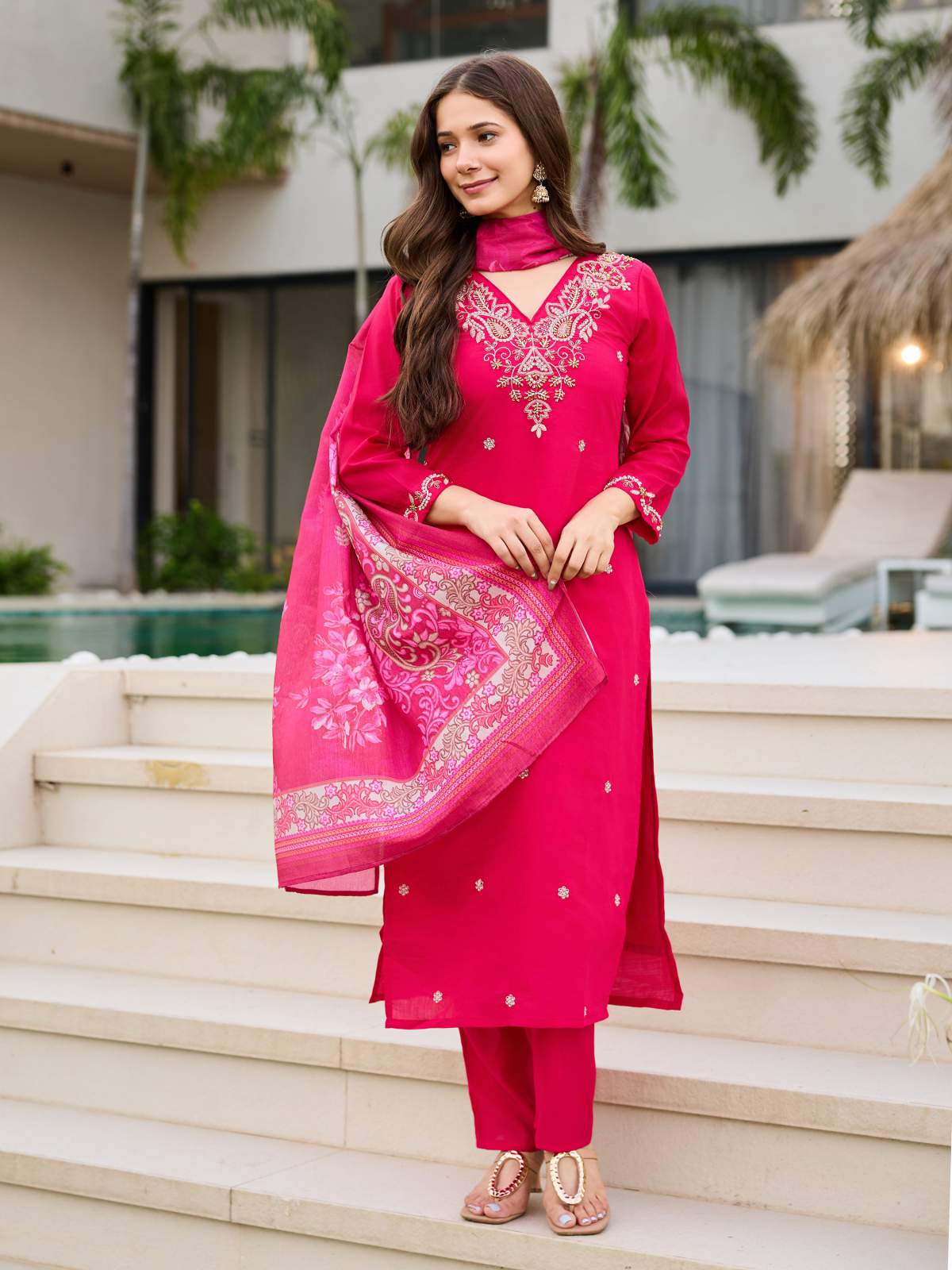 Pink Embroidared Beads Roman Silk With Cotton Lining Kurta Set