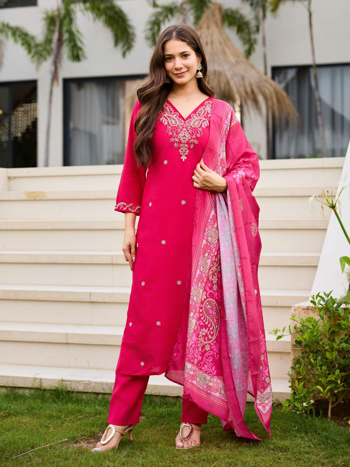 Pink Embroidared Beads Roman Silk With Cotton Lining Kurta Set