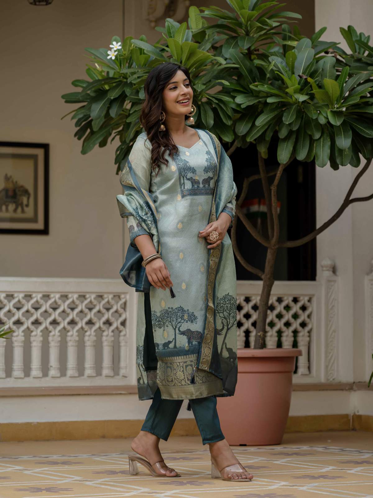 Blue Printed Jacquard Silk With Cotton Lining Kurta Set