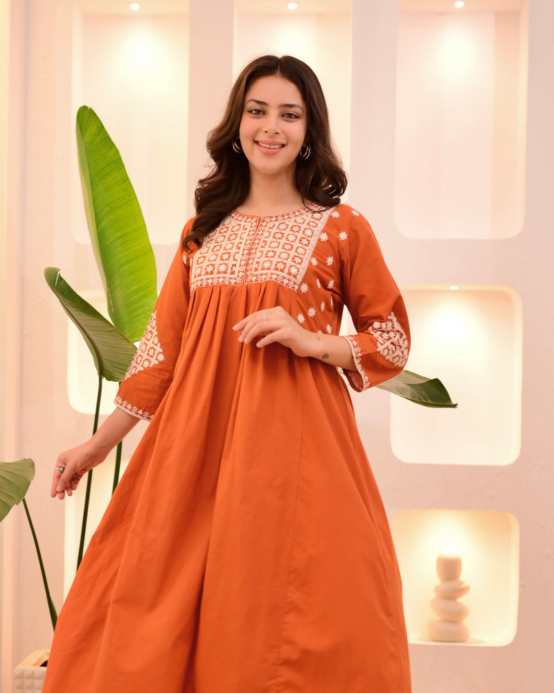 Rust Orange Thread Viscose Rayon Kurta Set with Dupatta