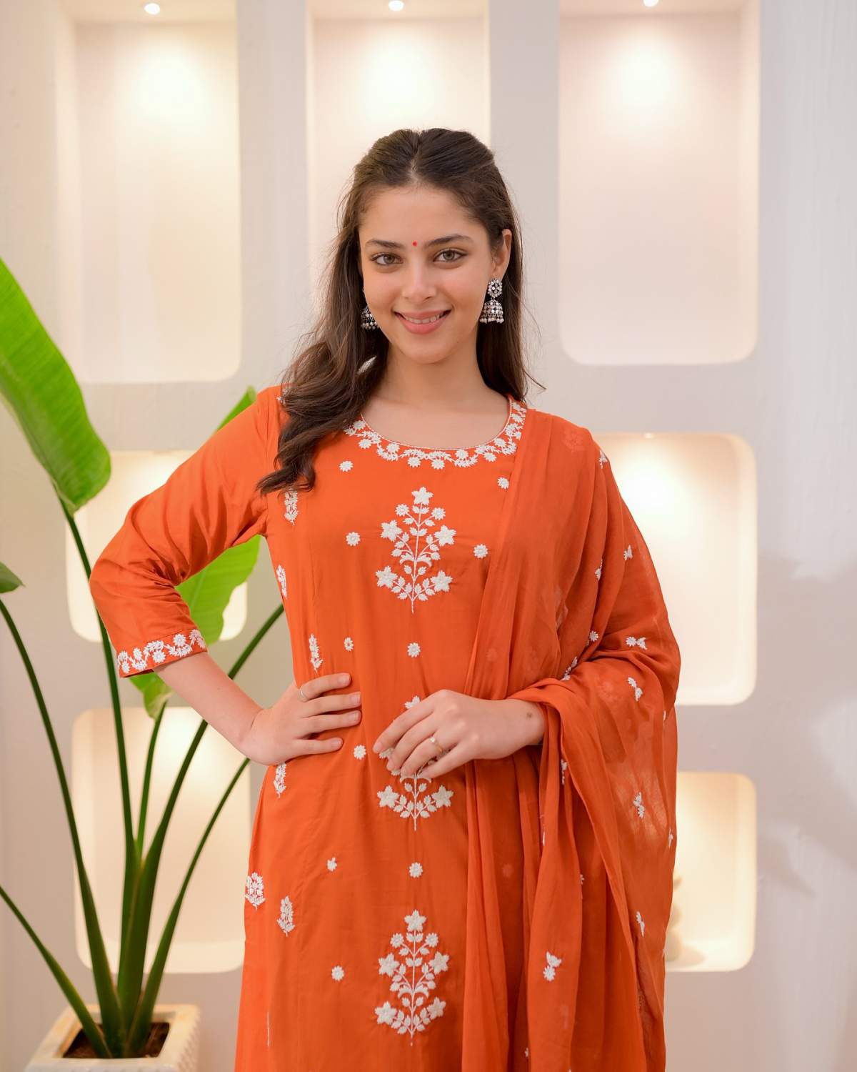 Orange Embroidared Rayon Slub Kurta Set