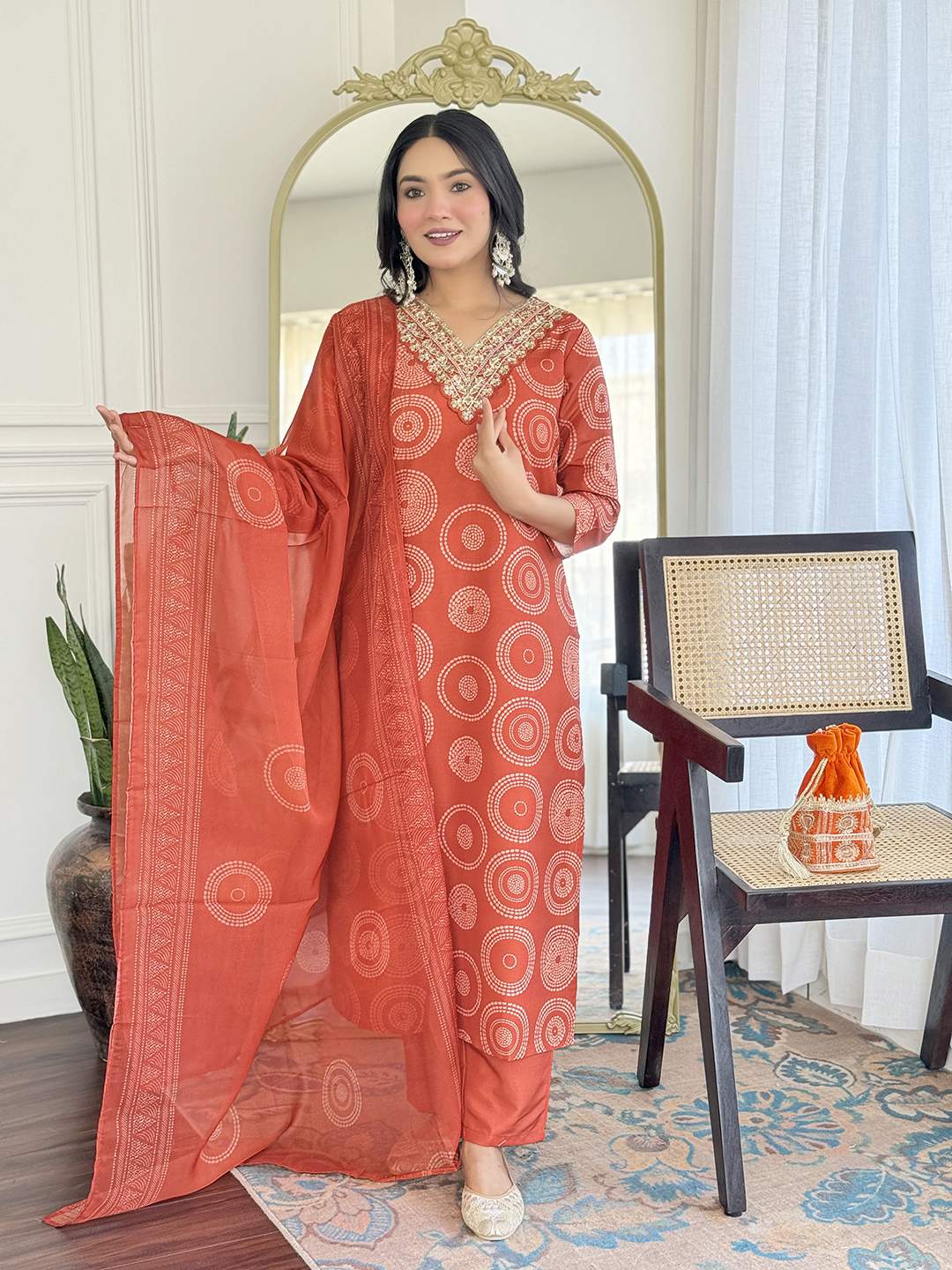 Orange Embroidery Rayon Kurta Set