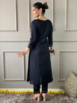 Black Thread Rayon Slub Kurta Set with Dupatta