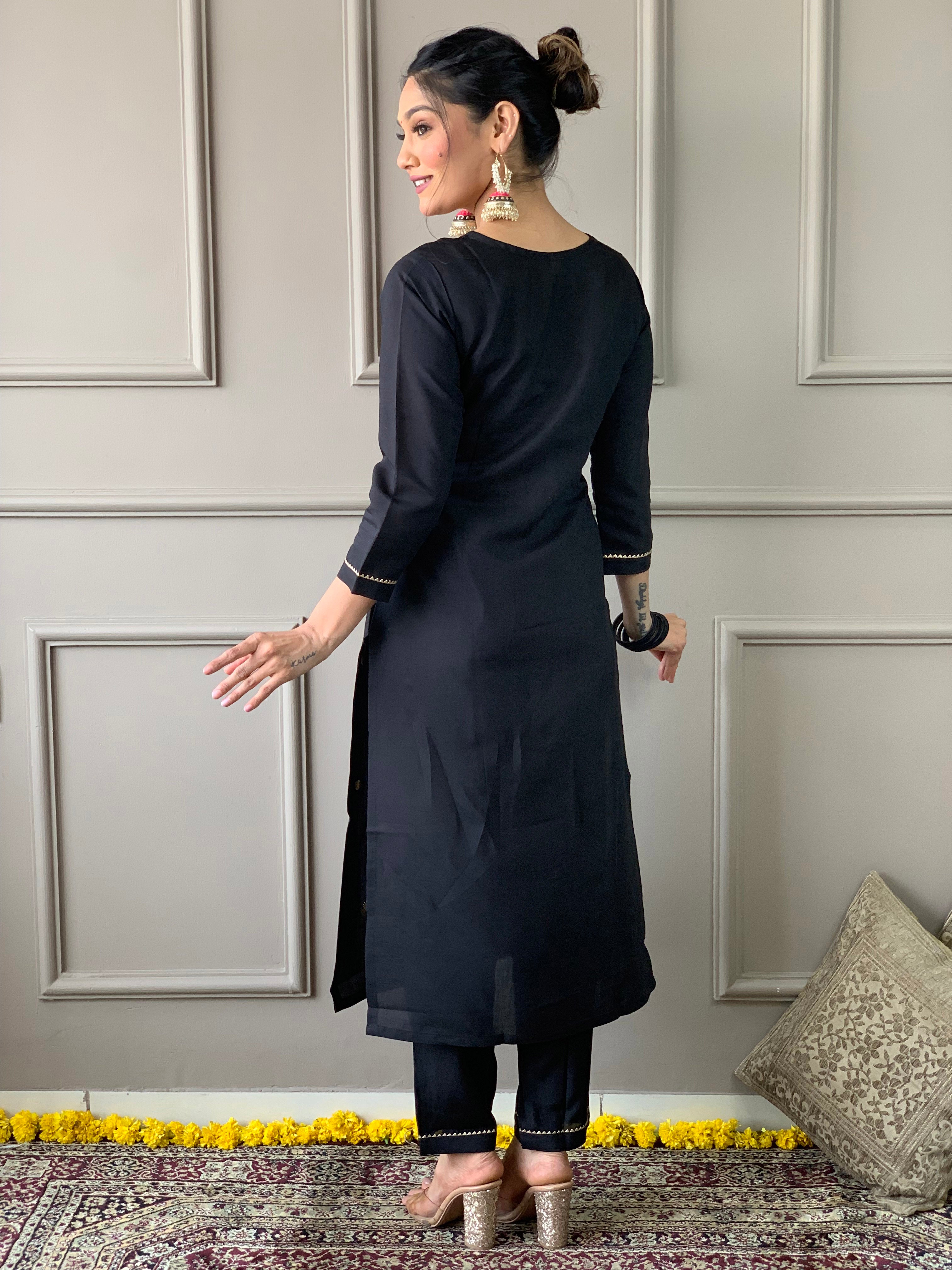 Black Thread Rayon Slub Kurta Set with Dupatta